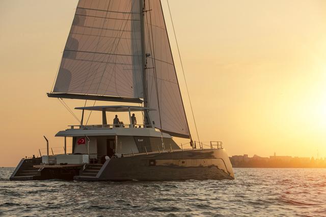 soyaslan wooden catamaran at sea