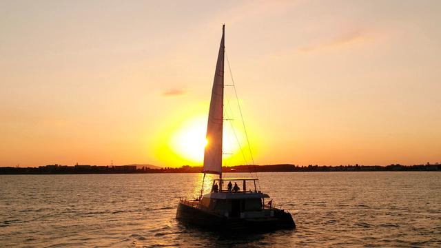 soyaslan wooden catamaran at sea